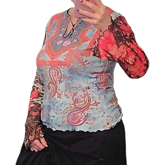 Y2K Colorful Floral Paisley Rhinstone Fairycore Grunge Mesh Sleeve Top Medium - Picture 8 of 14